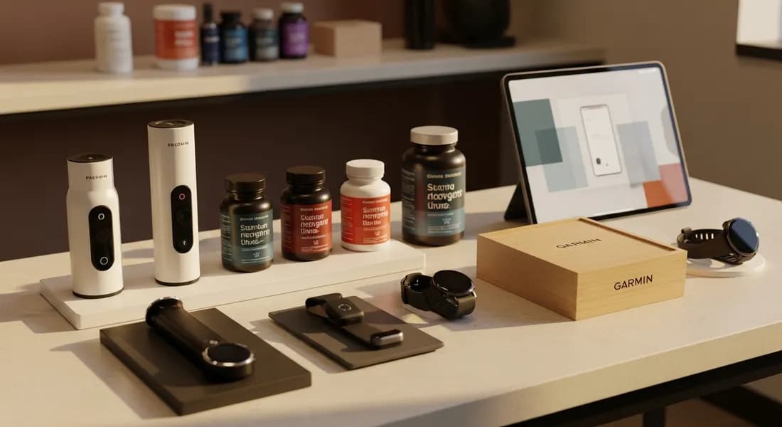 Curated wellness retail display table beside a tablet showing a storefront UI