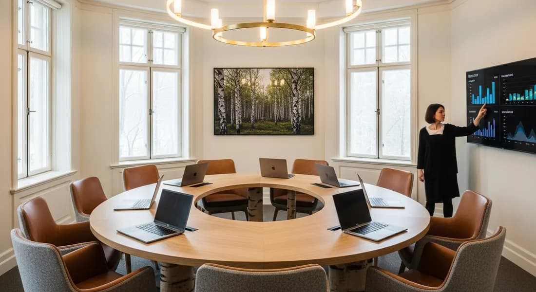 Modern strategy room with a curved birch conference table