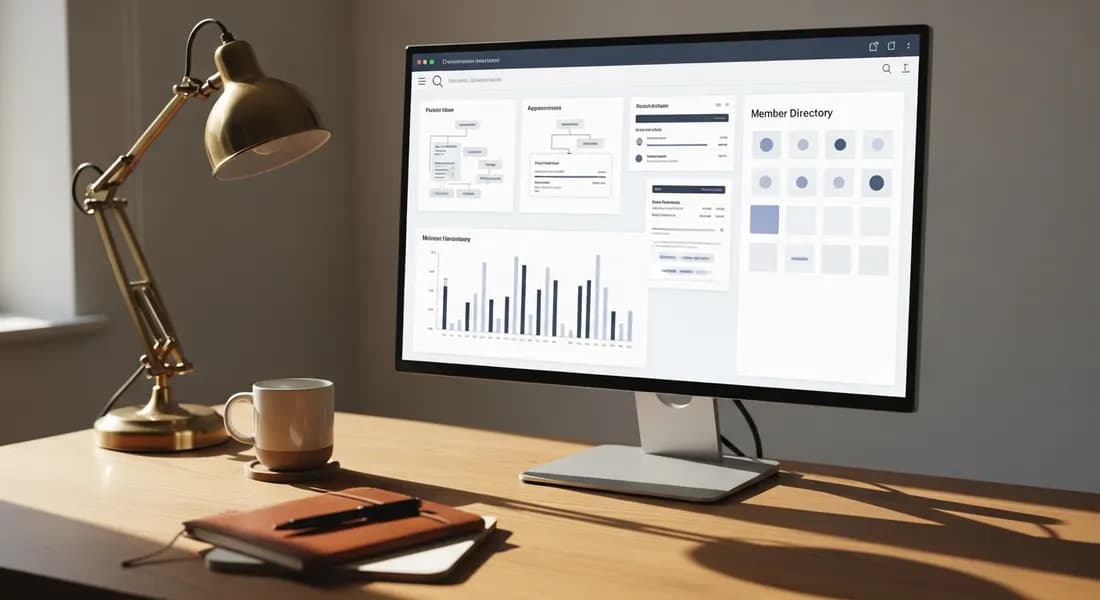 Clinician monitor showing a patient flow dashboard at a wood desk