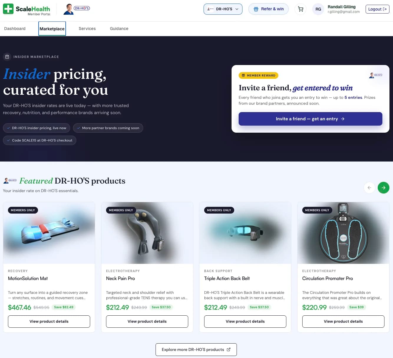 Scale Health member portal — DR-HO'S insider marketplace with members-only pricing on featured products