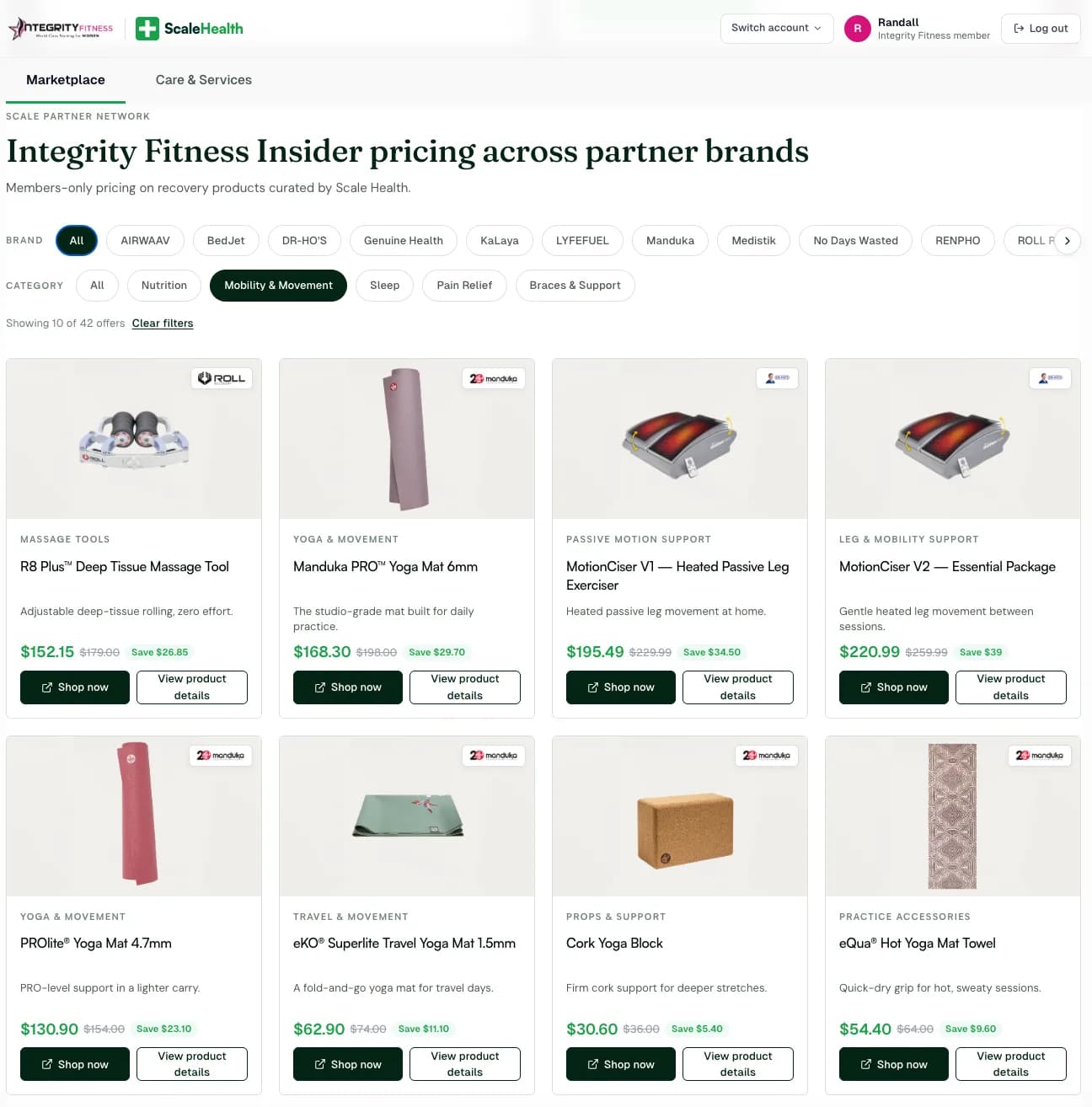 Integrity Fitness member portal — insider pricing across 42 partner-brand offers