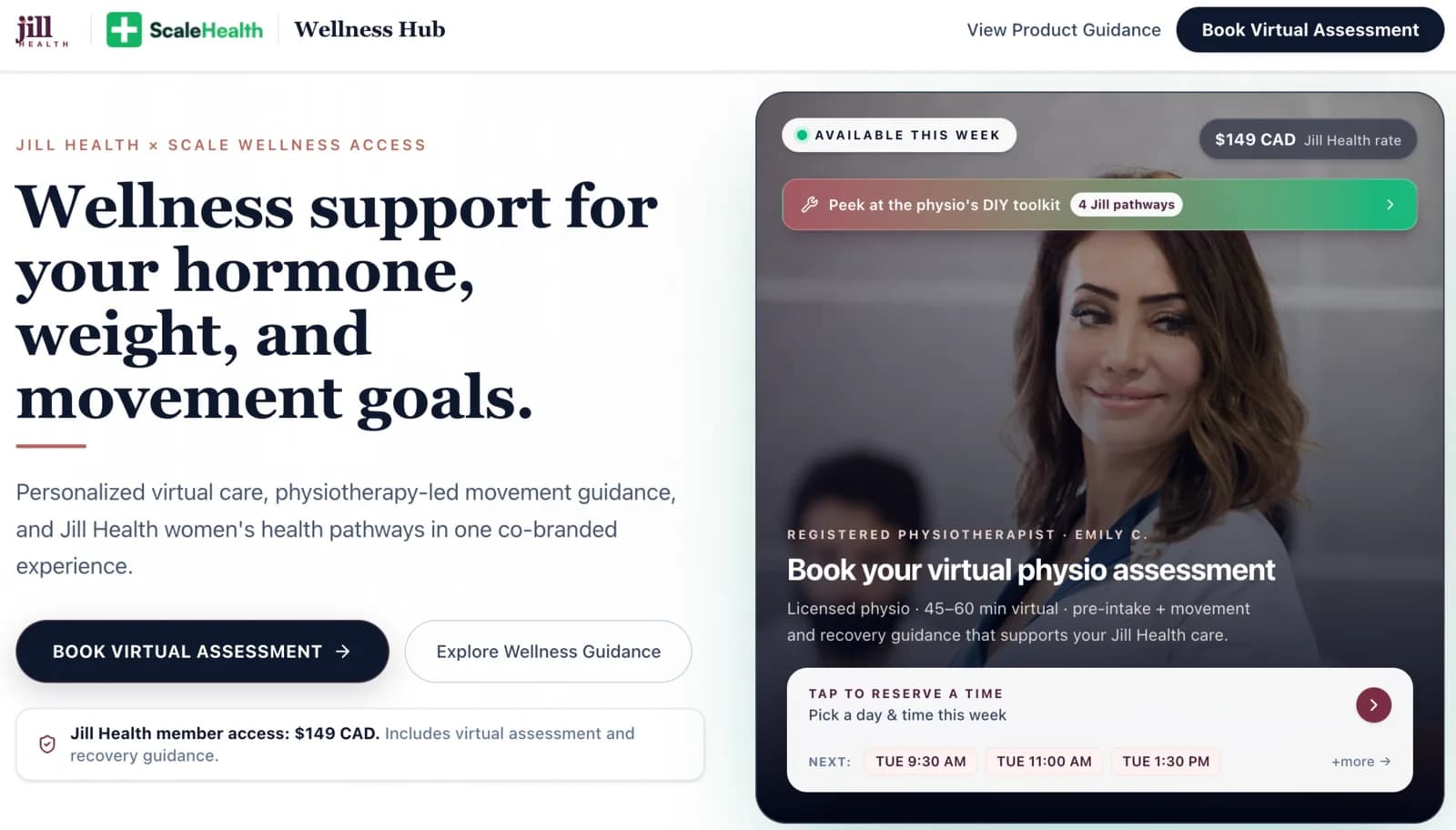 Jill Health × Scale Wellness Access co-branded hub — virtual physio assessment booking