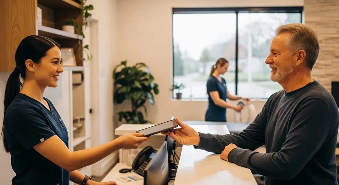 Receptionist handing a tablet to a patient at a modern Canadian clinic